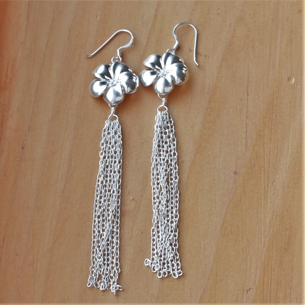 Sterling Silver Hibiscus and Chain Dangle Earrings